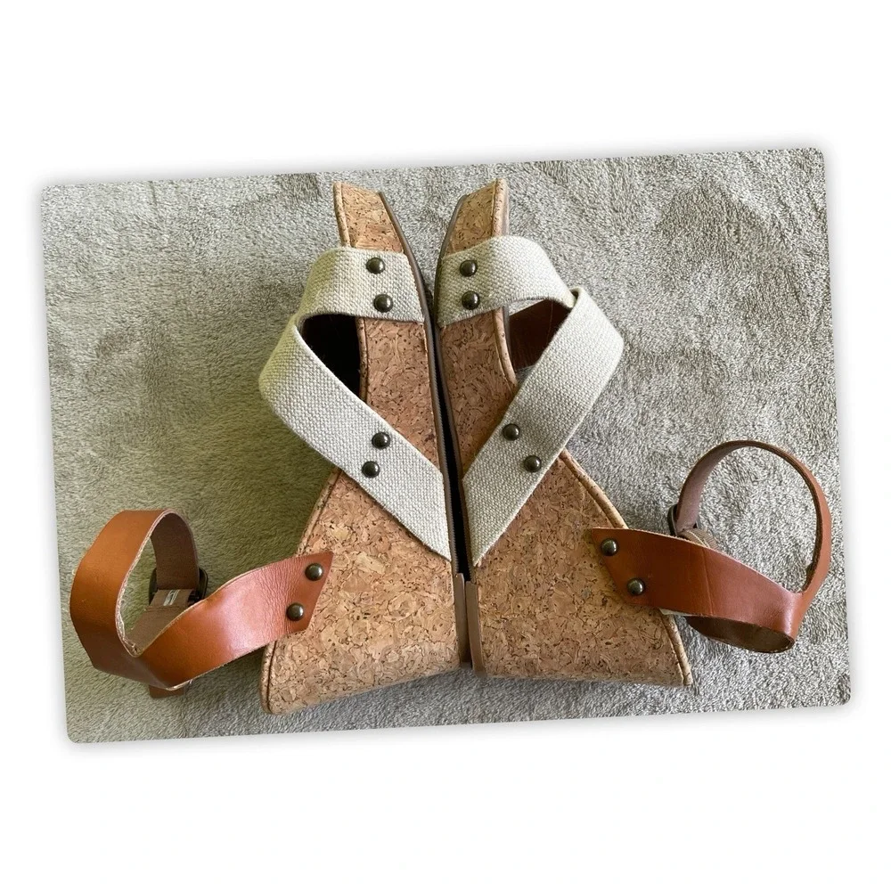 Lucky Brand Marla Cork Wedge Sandals Beige Tan Shoes Elastic Back Size 9.5Medium